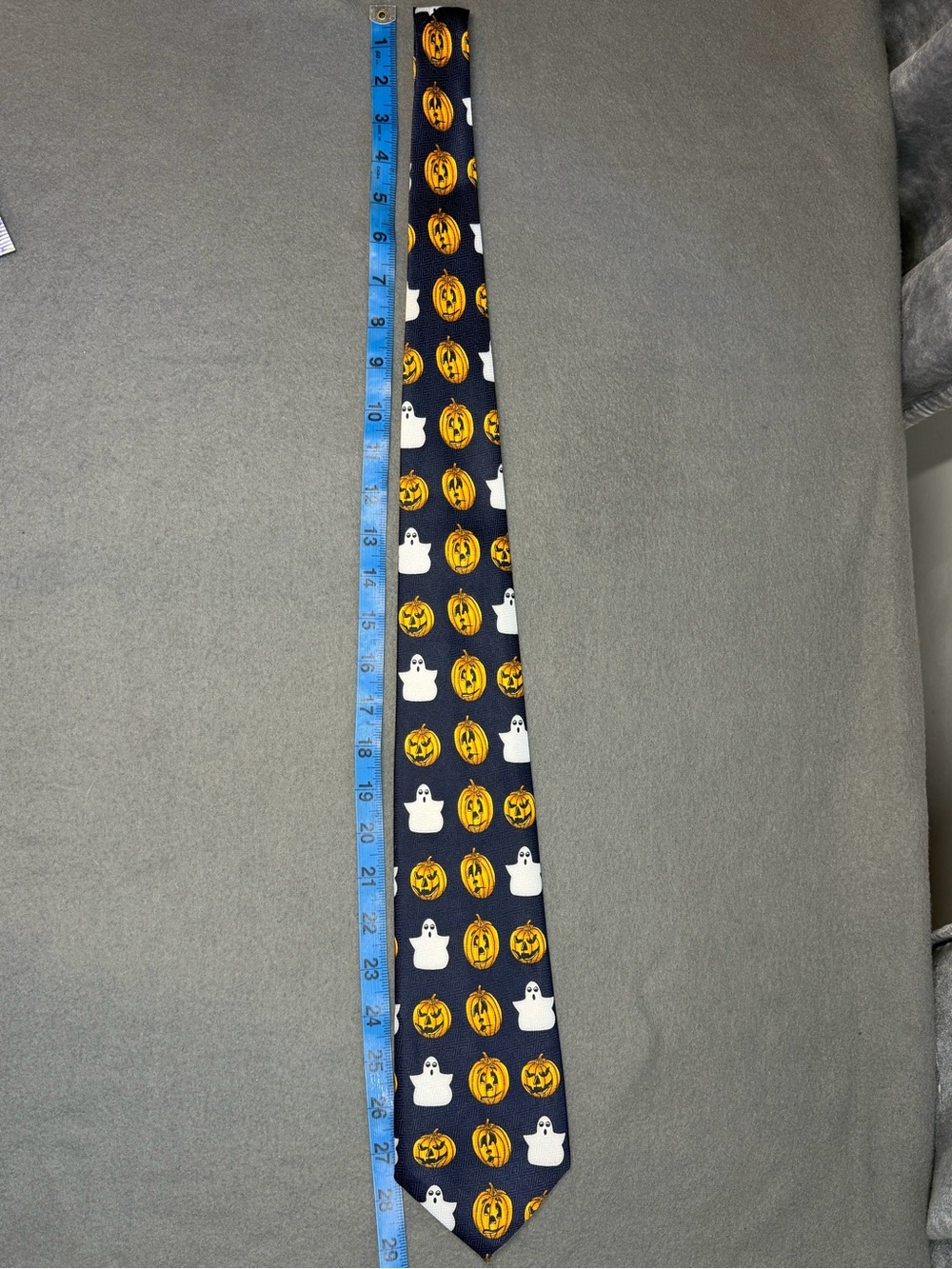 Men's Halloween Novelty Tie - Navy with Orange Pumpkins and White Ghosts